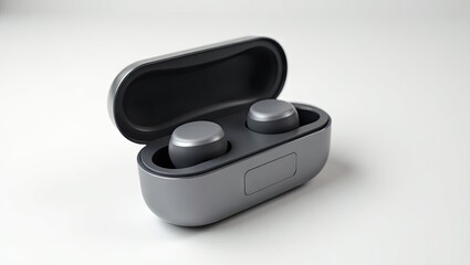 Gray wireless earbuds case in open position.