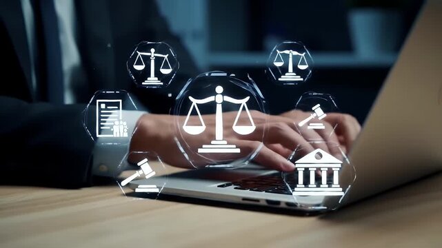 Law Symbols Hovering Above Laptop Keyboard in Office a Person in Dark Suit