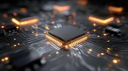 Futuristic microchips on a circuit board forming a neural network with energy wave radiations