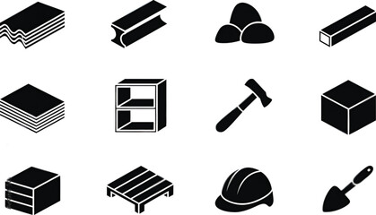 Black Construction and Building Icons on White Background

