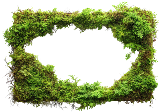 Rectangular frame made of green moss and plants, isolated on transparent cutout background