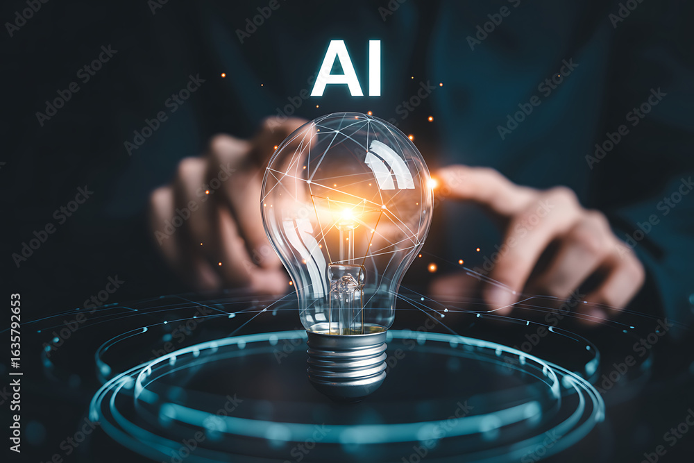 Poster artificial intelligence innovation concept with glowing lightbulb and futuristic digital interface