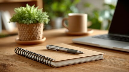 Home office desk with notebook, pen, plant