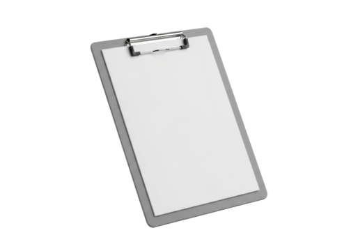A sturdy gray matte-finish clipboard holding a pristine blank white sheet, fastened by a shiny silver clip, isolated on a transparent background with copy space under soft studio light with no