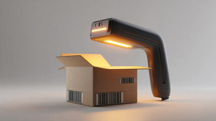 Barcode scanner and delivery box glowing, efficiency tracking