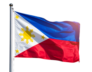 Philippines Flag Waving on Vertical Flagpole, Sunset Backlight Effect