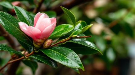 A delicate pink flower blossoms among vibrant green leaves adorned with glistening water droplets,