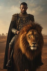Epic Fantasy King Riding a Majestic Lion - Powerful Warrior Portrait