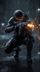 Futuristic Soldier in Action - Sci-Fi Combat Scene in Rain