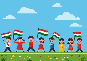 Children Marching with Hungarian Flags on a Sunny Day Illustration.