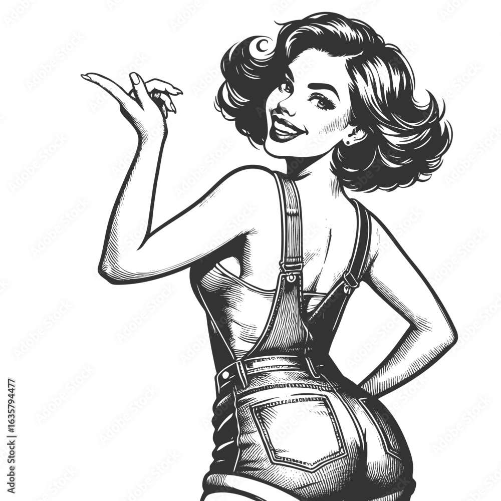 Poster cheerful woman in short overalls, looking back with a playful expression and confident pose sketch e