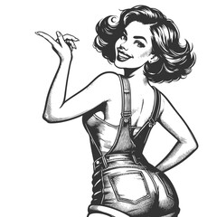 cheerful woman in short overalls, looking back with a playful expression and confident pose sketch engraving generative ai fictional character vector illustration. Scratch board. Black and white image