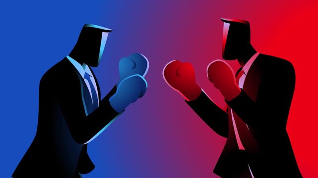 Two businessmen facing off as boxers, symbolizing competition, rivalry, and strategic battles in the corporate world. Perfect for themes of business conflict, competitive strategy, and power struggles