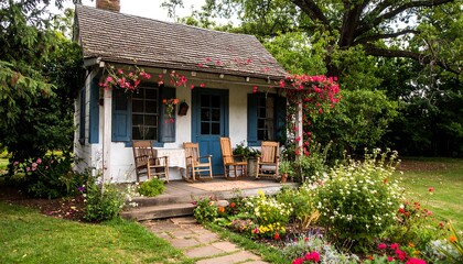 Fototapeta premium Quaint cottage with porch and garden