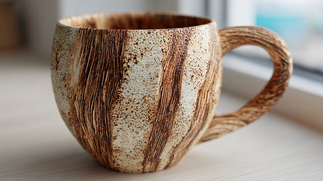 Ceramic mug with textured surface, handcrafted pottery for warm beverages on white background