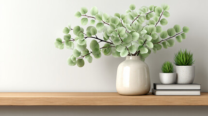 Eucalyptus branches in vase, with potted plants, and books on shelf on white background