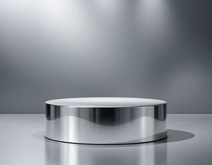Minimalist metallic podium with reflective silver surface under soft spotlight, ideal for premium product presentation, corporate branding, and modern high-tech business marketing visuals
