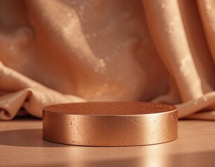 Luxurious bronze podium with warm fabric backdrop in soft natural light, perfect for premium product display, corporate branding, and sophisticated lifestyle business presentation visuals
