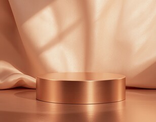 Minimalist bronze podium in warm natural light with soft fabric backdrop, perfect for premium product presentation, corporate branding, and sophisticated lifestyle business marketing visuals
