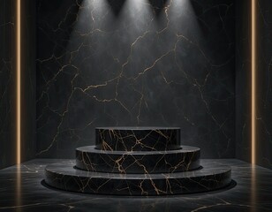 Luxurious three-tier black marble podium with gold veining under dramatic spotlights, perfect for premium product presentation, corporate branding, and elegant high-end business marketing visuals
