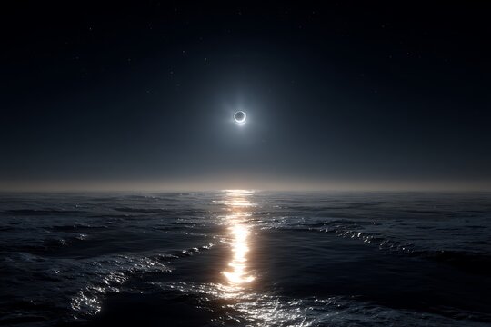 Frosty moon with rings reflecting on dark sea  
