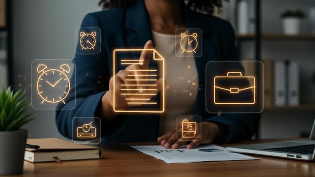 Black professional woman efficiently manages digital documents, optimizing business workflow with interactive technology in her modern office.