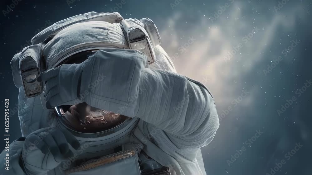 Poster lose-up view of astronaut in space suit floating in deep outer space with detailed helmet reflection