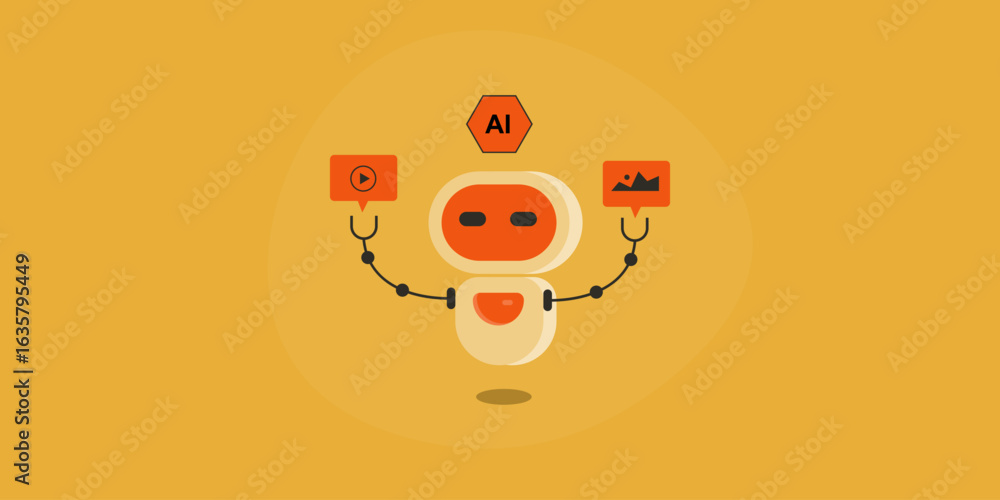 Poster ai robot display image and video content on hands, machine created content using artificial intellig