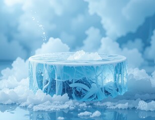 Frozen blue podium with icy texture surrounded by snow in a cold winter scene, perfect for premium product display, corporate branding, and creative business marketing visuals with frosty atmosphere
