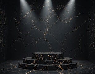 Elegant three-tier black marble podium with gold veining under dramatic spotlights, perfect for premium product presentation, corporate branding, and luxurious high-end business marketing visuals
