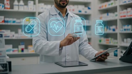 A pharmacist utilizes innovative pharmacy technology, digitally interacting with holographic medical and prescription icons for advanced healthcare insights, using a tablet in a modern pharmacy. - Powered by Adobe
