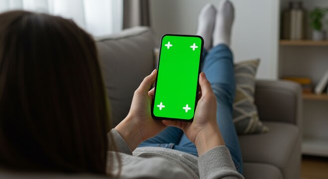 Person relaxing using smartphone with green screen