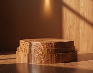 Wooden podium display with natural sunlight and spotlight, round layered stage on light wood wall background, minimal product presentation platform for business and branding visuals
