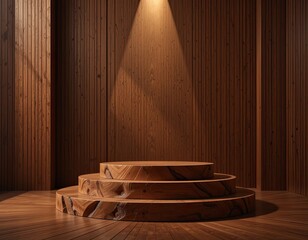 Three-tier wooden podium with spotlight in warm studio interior, featuring elegant timber texture, ideal for professional product display, corporate branding, and creative business marketing
