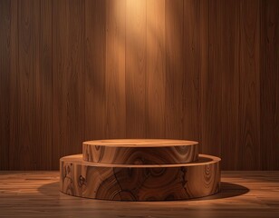 Wooden podium display with spotlight, elegant round stage on wood panel wall background, minimal product presentation platform for business marketing and branding visuals

