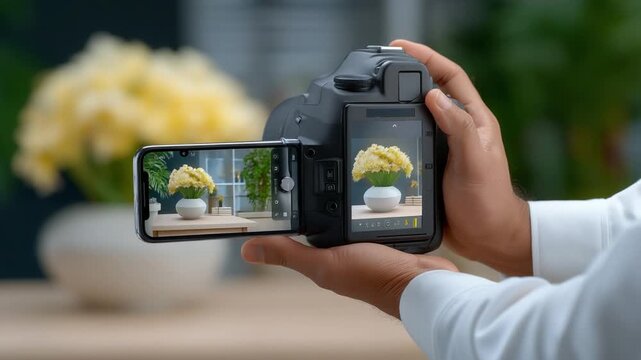 Setup for product photography using a DSLR camera with a soft, blurred background. Professional and practical scene ideal for e-commerce, online listings, marketing, and photography content