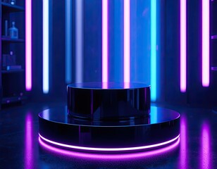 Futuristic neon podium stage with glowing pink and blue light stripes, sleek round display platform for high-tech product presentation and modern business marketing visuals
