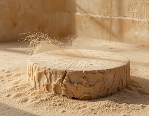 Sandy podium display with natural sunlight, round stone-like stage surrounded by flying sand particles, minimal product presentation platform for business marketing and eco-inspired visuals
