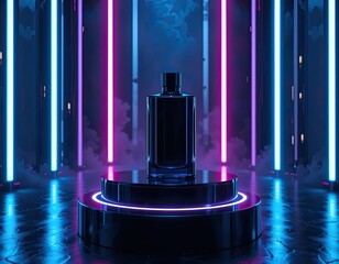 Futuristic neon display with perfume bottle on glowing round podium, blue and pink light stripes in modern high-tech background for luxury product presentation and business branding visuals

