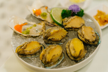fresh raw abalone on white plate
