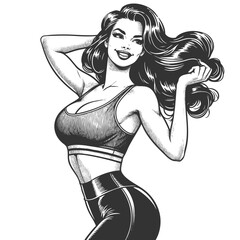 fit retro-style woman in workout clothes, posing confidently with hands in her hair sketch engraving generative ai fictional character vector illustration. Scratch board imitation. Black and white.