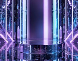 Futuristic neon podium stage with glowing purple and blue lights, reflective glass floor and modern high-tech background for luxury product presentation and business marketing visuals
