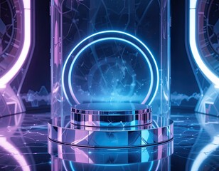 Futuristic neon podium display with glowing blue and pink circular lights, modern high-tech stage on reflective floor for innovative product presentation and business marketing visuals
