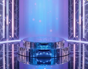 Futuristic glass podium stage with glowing blue and purple lights, round reflective platform on modern high-tech background for luxury product presentation and business marketing visuals

