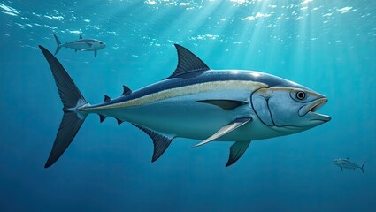 Fototapeta premium A large tuna swims in the ocean depths.