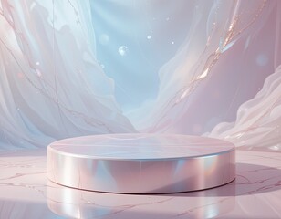 Pastel marble podium display with soft pink and blue flowing fabric background, round elegant stage for luxury product presentation and sophisticated business marketing visuals
