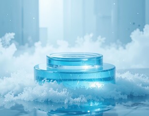 Transparent blue glass podium display with icy mist effect, round layered stage in fresh cool tone for luxury product presentation and refreshing business marketing visuals
