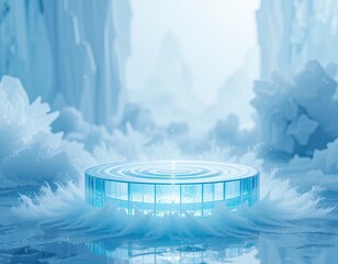 Transparent icy blue glass podium surrounded by frozen snow and ice formations, circular luxury display stage in frosty glacier environment for premium product presentation
