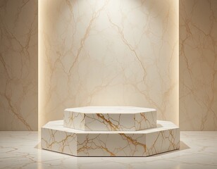 Luxury marble podium with golden veining in elegant warm lighting, hexagonal stage design for premium product display and high-end branding presentation background
