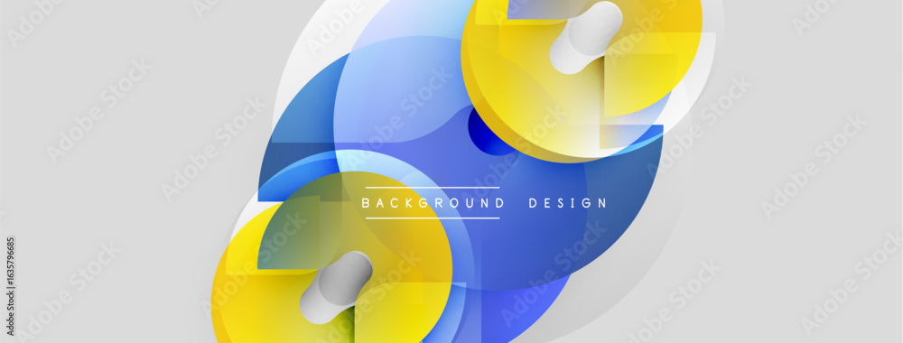 Poster abstract geometric shapes overlap, creating dynamic visual effect. yellow, blue, white hues dominate